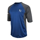 MLB Men's Kansas City Royals 3/4 Sleeve Crew Neck Featherweight Tech Fleece Pullover by Majestic (Pro Royal/Pro Carbon Heather, Small)