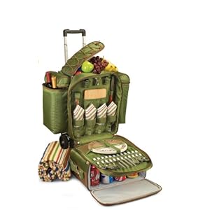 Picnic Time Excursion Deluxe Cooler on Wheels with Picnic Service for 4 by