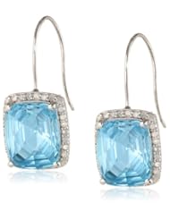 Sterling Silver Concave Cut Sky Blue Topaz and Diamond Cushion Cut Earrings
