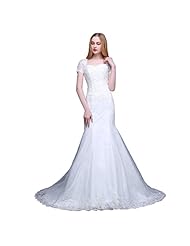 Sweetheart Satin/Tulle Mermaid Applique Belted Short Sleeves Wedding Dress 