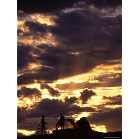Sunset Silhoutte of Two Men and their Mountain Bikes Next to a Tent, Utah Photographic Poster Print by Kate Thompson, 9x12