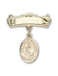 14K Gold Baby Badge with Our Lady of Mount Carmel Charm and Arched Polished Badge Pin