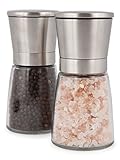 Salt and Pepper Grinder Set with Silicon Stand - Premium Pair of Salt & Peppercorn Mills with Adjustable Ceramic Coarseness - Brushed Stainless Steel and Glass Body Shakers