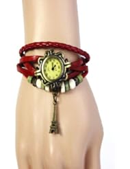 Jim 1PC Vintage Trial Order New Quartz Eiffel Tower Retro Weave Wrap Around Leather Bracelet Lady Woman Wrist Watch Red