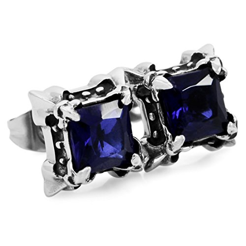 Men's Stainless Steel Stud Earrings CZ Silver Black Blue Dragon Claw Square Vintage (with Gift Bag)