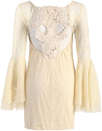 Cream White Bohemian Boho Lace Look Bell Sleeve Dress with Cutout Skull Back - Size Large