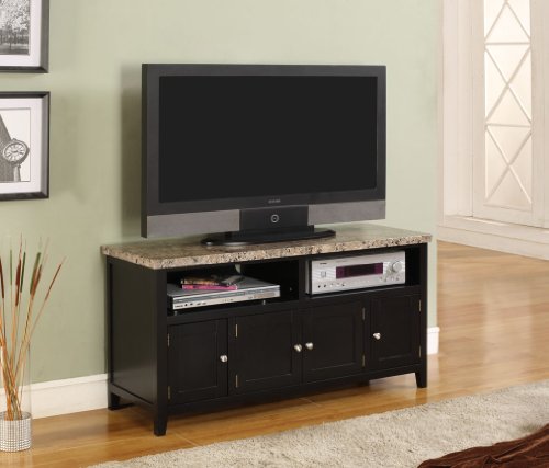 Faux Marble With Black Finish Wood TV Stand Entertainment Center With Storage