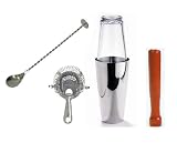 Boston Cocktail Shaker set with Hawthorn Strainer, Bar Mixing Spoon and Wooden Muddler