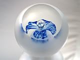 Murano Design Hand Blown Glass Art Bubble Blue Flower Paperweight