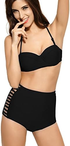 Ebuddy Vintage Stripe Bright Fashion High Waist Bikini Swimwear Swimsuits, Black, XL(US8-10)