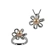 Morning Bloom Peach Pink Cultured Pearl Cubic Zirconia Platinum Overlay Sterling Silver Pendant Necklace (18") & Ring Set