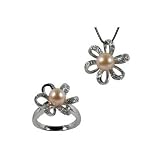 Morning Bloom Peach Pink Cultured Pearl Cubic Zirconia Pendant Necklace (18') & Ring Set