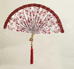 Asian Fusion Beaded White Fan with Red Tassel Christmas Ornament 9.5"