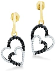 Black and White Round Diamond 10k Yellow OR White Gold Dangle Love Heart Shape Earrings (1/2 cttw)