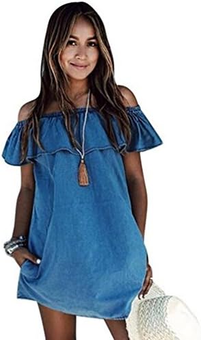 ZHU Vintage Women Shoulder Off Blue Jeans Ruffles Tshirt Casual Denim Mini Dress