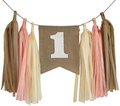 First Birthday Baby Girl High Chair Rustic Burlap Banner PEACH