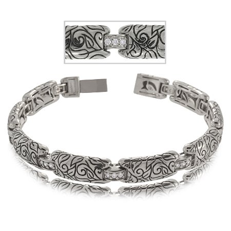 Sterling Silver Bracelet - Leaf Carved Links & White CZ