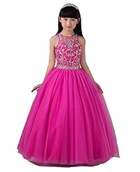 Girls Crystals Keyhole Beaded Jeweled Crystal Lace Tulle   Ball Gown Flower-Girl Dress/Pageant Dress/Party Dress 