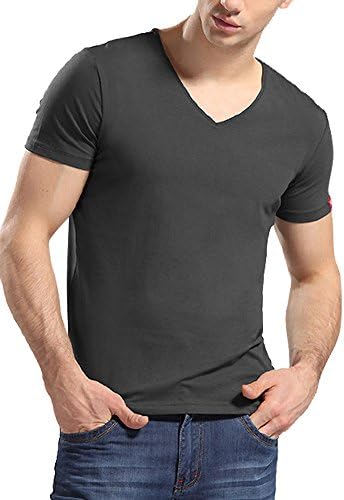 SHIRTQA Mens V Neck Comfortable Short Sleeve Casual T-Shirt (L, Deep Gray)