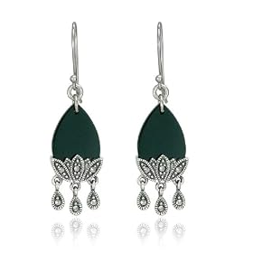 Sterling Silver Marcasite and Onyx Chandelier Wire Earrings by