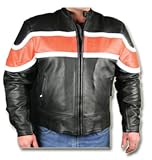 Men’s Black Leather Motorcycle Jacket w/ Orange & White Stripes-Leatherbull(Free U.S. Shipping)