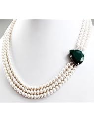 Designer 3 Rows Natural Fresh Water Pearl Beaded Necklace with Pear Emerald 925 Sterling Silver Clasp