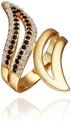 DUMAN 18K Yellow Gold Plated White Black Double Lines Rhinestones Wings Ring Swarovski Elements Crystal, Size 8