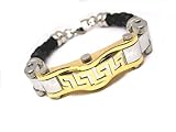 Stainless Steel 316L Two-Tone Gold Plated Black Leather Mens Greek Key Bracelet 8 1/2