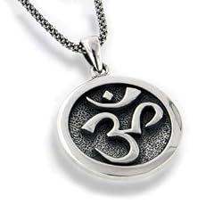 OM Aum Hindu or Yoga Symbol Antiqued Sterling Silver Medallion Pendant 18" Necklace