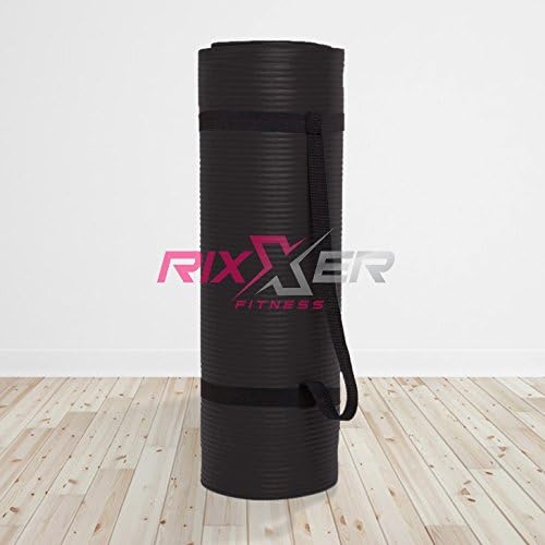 Rixxer Fitness 1/2 Inch Thick High Density Eco-Friendly Foam Comfort Yoga/Exercise Mat with Carrying Strap - 24"W x 72"L (Black)