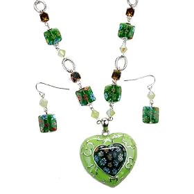 Green Glass Heart Bead Necklace Earring Fashion Jewelry Set