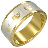New Gents Stainless Steel Gold Plated Band Ring with Yin Yang Design, 8mm Wide.