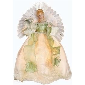 Pack of 2 Ivory/Green Fiber Optic Angel Christmas Tree Toppers 18