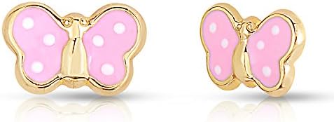 14k Yellow Gold Butterfly Stud Earring with Pink and White Enamel with Screw Backs in Medium Size