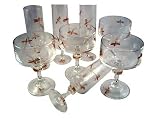 ArtisanStreet's Crystal Goblets. Set Of Eight. Imported Crystal Stemware Includes Flutes & Dessert-Style Glasses. Features Hand Painted Golden Dragonfly Design on Clear Crystal. One Of A Kind & Signed By Artisan.