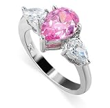 Nickel Free Sterling Silver Teardrop Shaped Pink and Clear Cubic Zirconia Polished Finished Band Ring Size 5, 6, 7, 8, 9, 10
