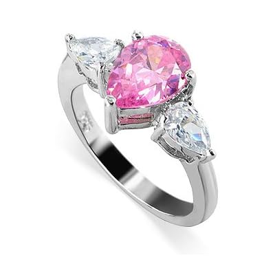 Sterling Silver Band Teardrop Pink and Clear Cubic Zirconia Ring Size 5 to 10