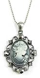 Beautiful Antiqued Gray Cameo Charm Necklace with Black/Gray Crystal Accents on a Gray/Gunmetal Chain Comes Gift Boxed