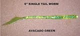 6 Single Tail Soft Plastic Worm - (10 pack) Avacado Green with various tail colors