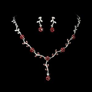 Silver Red Floral Crystal Necklace Earring