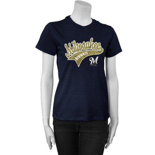 Milwaukee Brewers Ladies Navy Blue Tail Sweep T-shirt (Large)