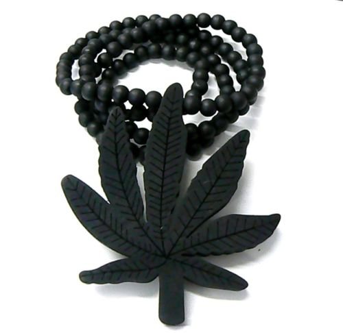 Black Wooden Marijuana Leaf Pendant with a 36 Inch Beaded Necklace Chain Good Quality Wood