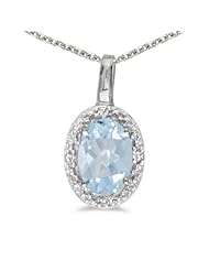14k White Gold Oval Aquamarine And Diamond Pendant plus 18" Chain