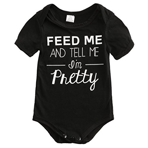 Baby Girls Short Sleeve “Feed Me and Tell Me I’m Pretty” Bodysuit(Black,0-6M)