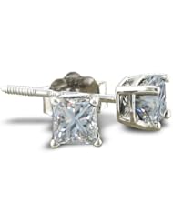1 Carat Princess Cut Diamond Stud Earrings In 14 Karat White Gold, Free US And Global Shipping!