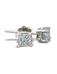 1 Carat Princess Cut Diamond Stud Earrings In 14K White Gold, Excellent Color-Clarity