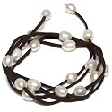 48" White Freshwater Pearl On Brown Leather Wrap Bracelet / Necklace