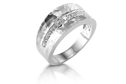 14K White Gold Matte-Finish Hammered-Finished Hand-Crafted Designer Ring, Enhanced with Pave Set Diamonds., 0.00