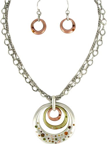 Three Tone Triple Ring Necklace & Earrings Set Fashion Jewelry