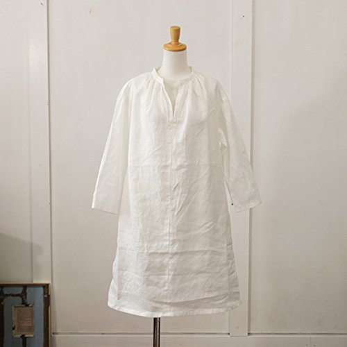 (ファヌル) FANEUIL フレンチリネン素材　スキッパーカラー長袖ギャザーワンピース